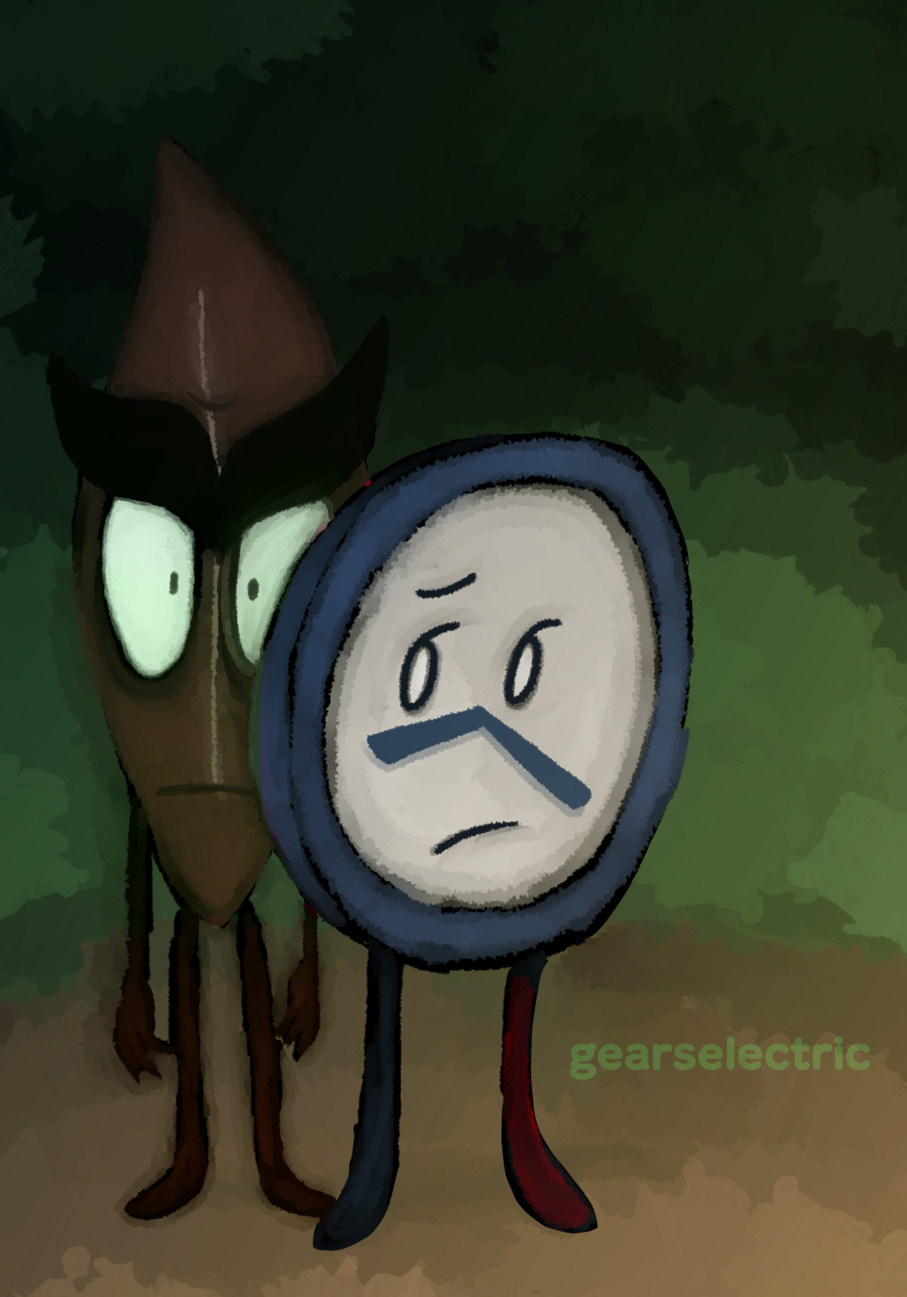Art of Evil Leafy and Clock in a dark forest. Bushes could be seen behind the two. Evil Leafy is standing closely behind clock, seeming as if within a shadow. Clock is in front. One of his legs is more of a reddish color than the other. Clock appears nervous, while Evil Leafy blankly stares toward our direction.