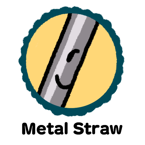 Metal Straw button. Has circular border with bumps on the outside, and a yellow background within. It is around my character, Metal Straw. This button leads to her information page.
