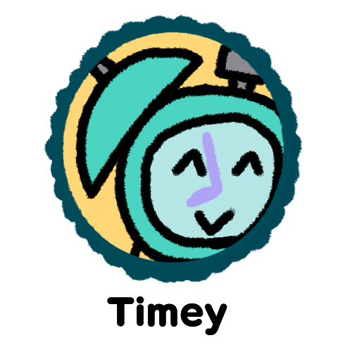 Timey button. Has circular border with bumps on the outside, and a yellow background within. It is around my character, Timey. This button leads to their information page.